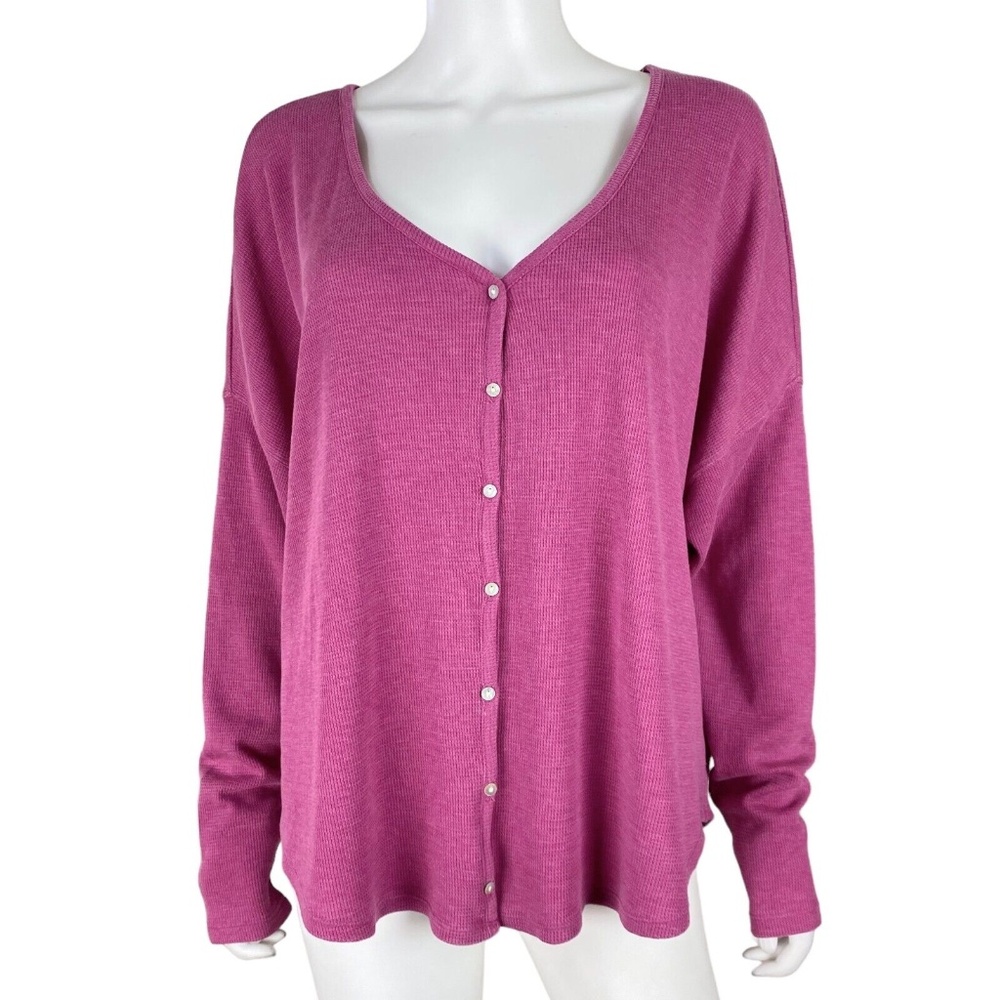 Lucky Brand V Neck Button Front Relaxed Fit Purple Waffle Knit Top